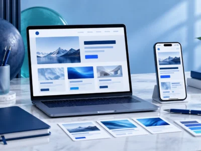 Laptop and smartphone displaying website layouts beside planning cards.