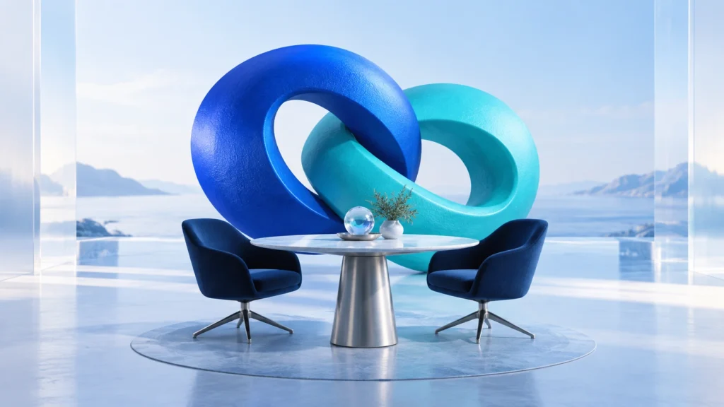 Interlocking blue and turquoise rings behind a table with two meeting chairs.